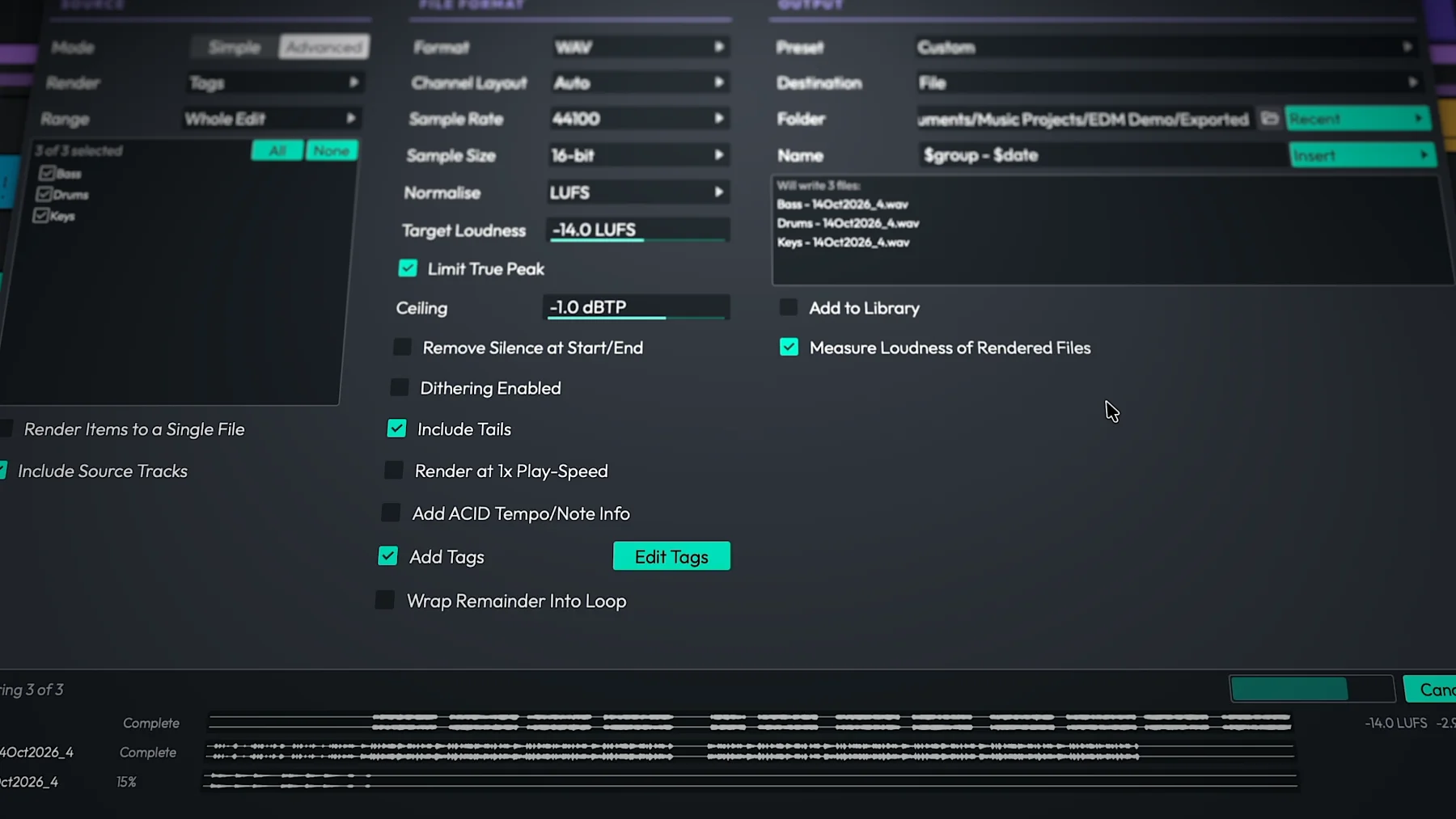 pro audio render export